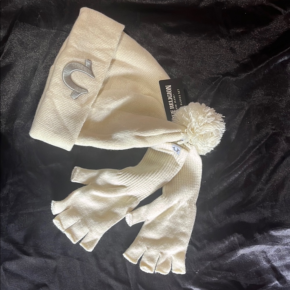 True Religion Cream Knit Pom-Pom Hat